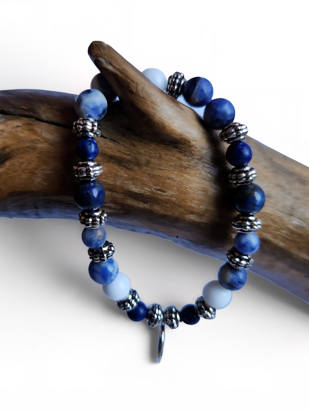Blue Sodalite & Lapis Lazuli Beaded Stretch Bracelet with Compass Charm